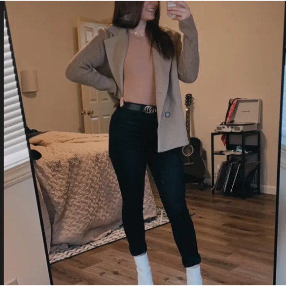 Splendid Camel Double Breasted Sweater Jacket LARGE Felted Boxy Coat Wool $178 - Picture 5 of 12